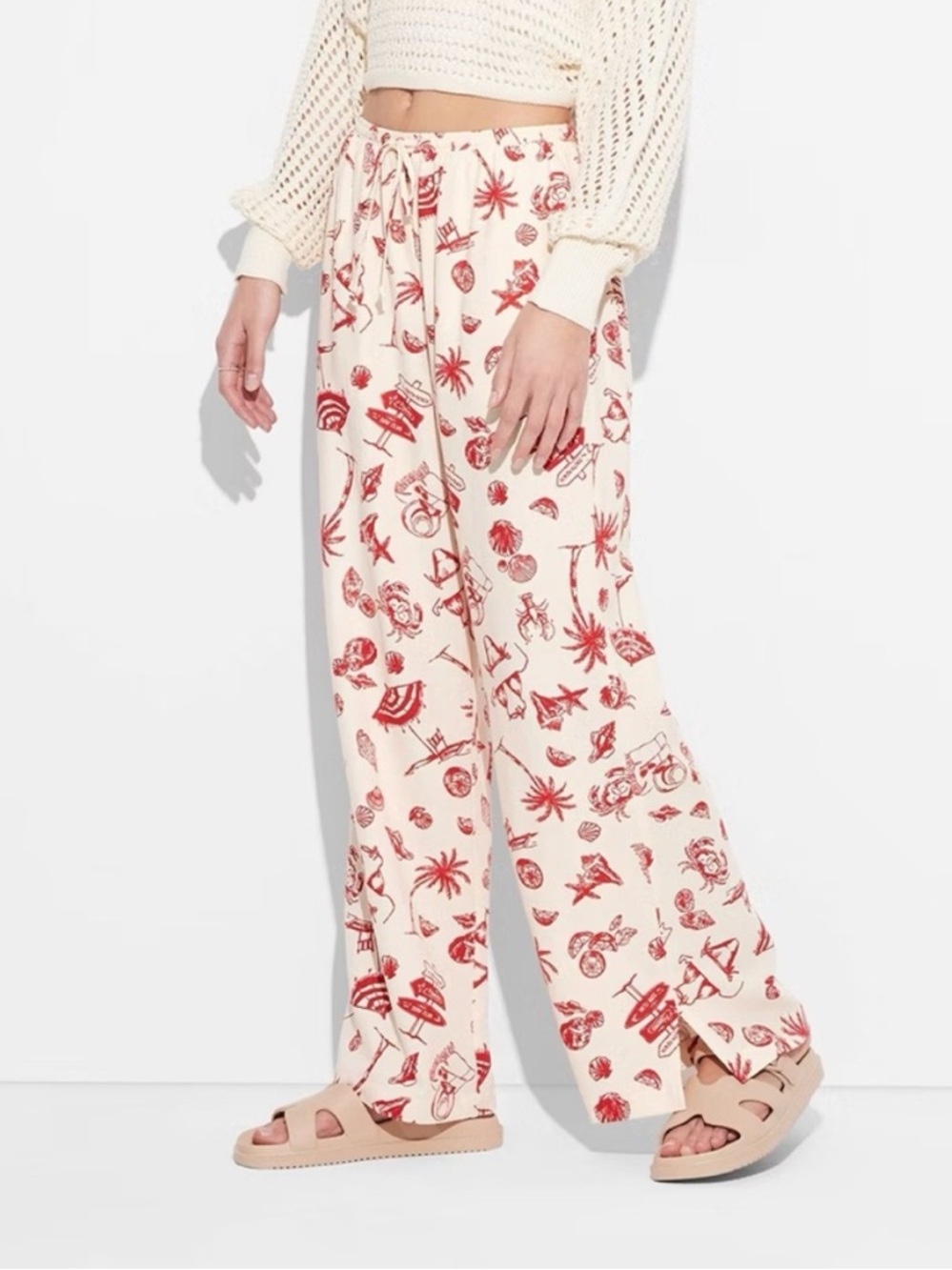 Wild Fable Linen Blend Wide Leg Drawstring Beach Print Pants in Cream and Red